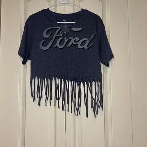 Ford Blue Short Sleeve Tee with Cut Neck and Fringe